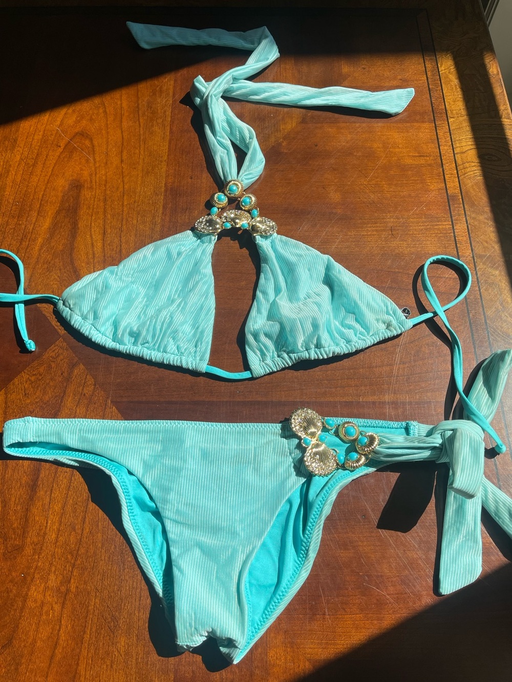 Original Lara Aqua blue shell Embellished Bikini Set gorgeous and no flaws